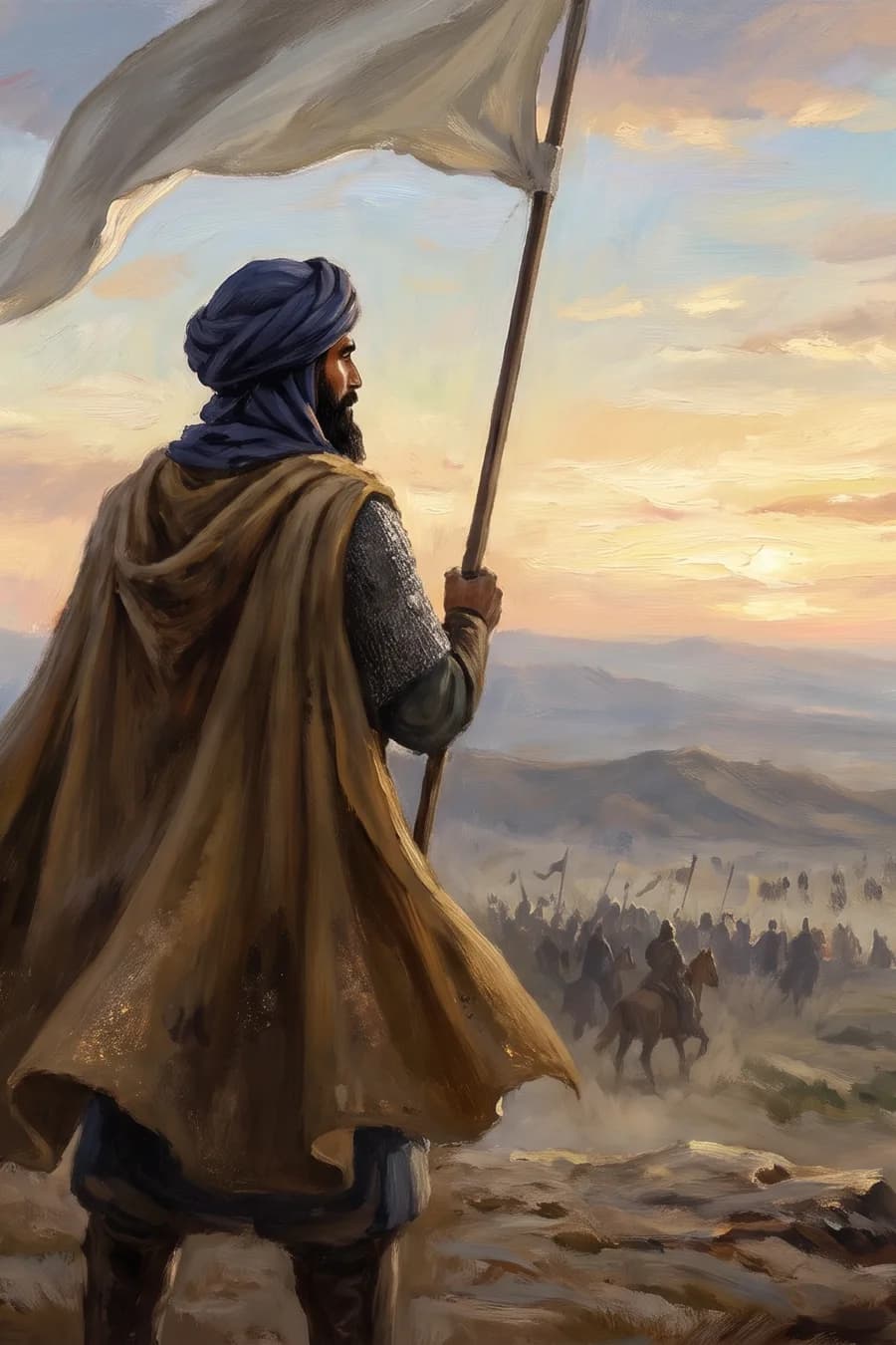 Peinture : un guerrier au turban indigo, de dos, tenant un étendard blanc face à une plaine.