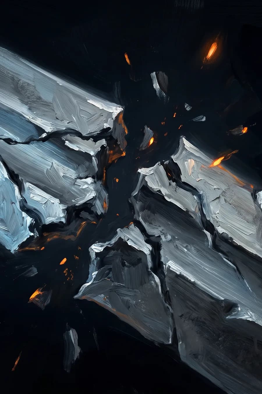 Peinture : une lame d’acier fendue en éclats, dans le noir.