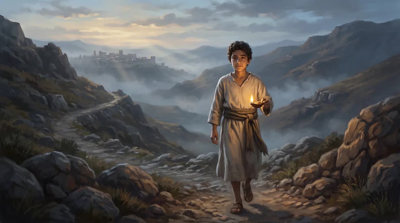 Illustration du garçon sur le chemin à l’aube.