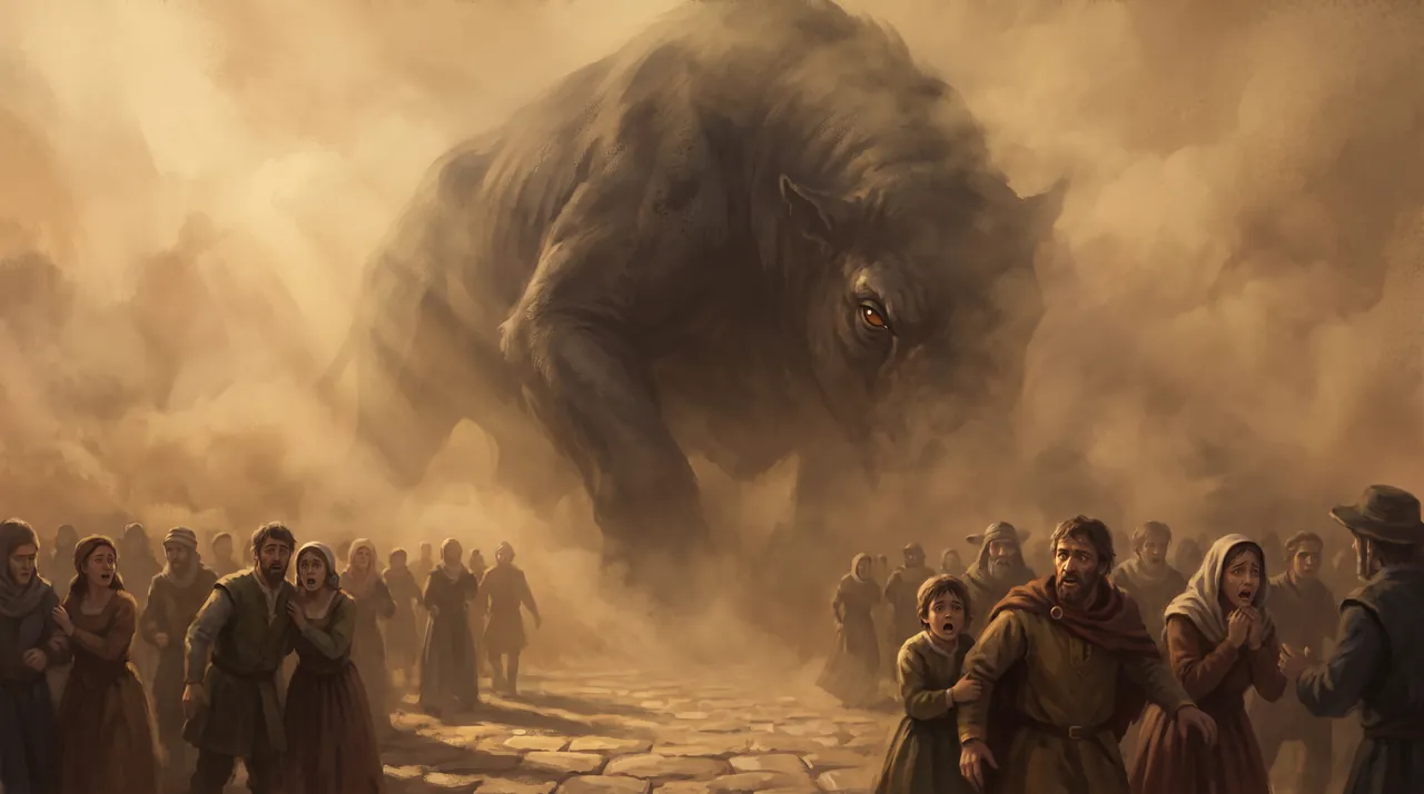 Illustration : une bête énorme barre la route dans la poussière, la foule recule.